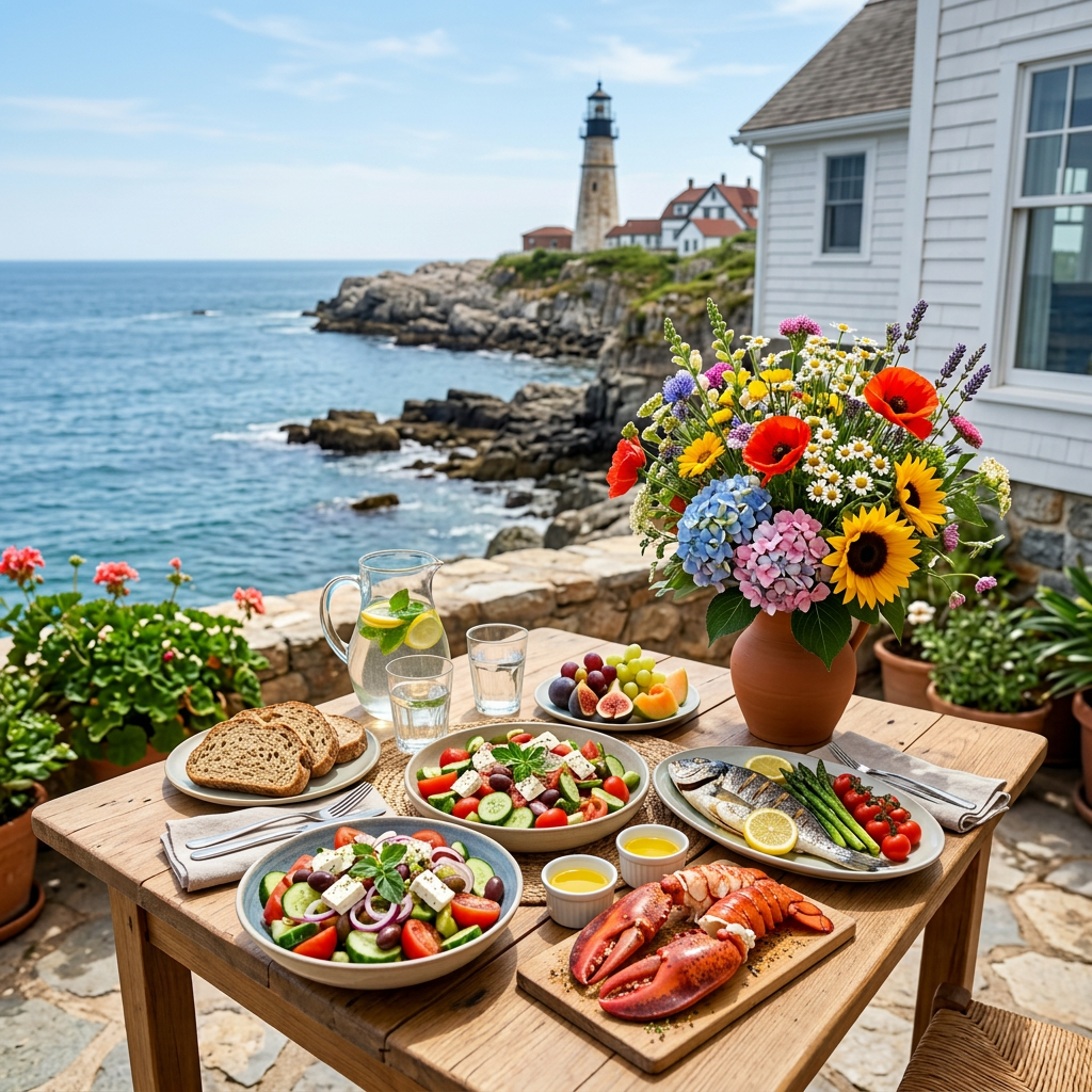 Table with Mediterranean dishes including salads, grilled fish, bread, fruit, and a flower vase by the sea