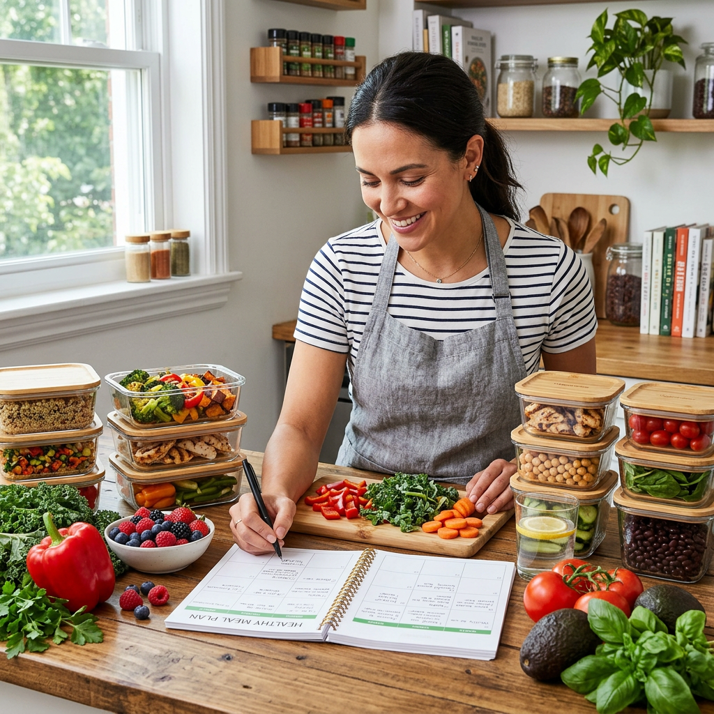 Woman writing a meal plan with fresh vegetables and prepared meals on table