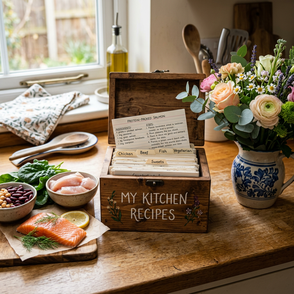 Wooden recipe box labeled My Kitchen Recipes open with recipe cards inside, fresh salmon, chicken, beans, and spinach on a kitchen counter, and a vase of flowers nearby