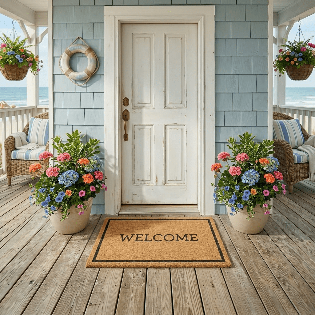 White wooden door on blue shingle porch with welcome mat and flower pots