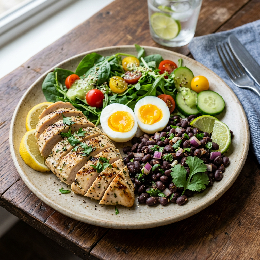 Grilled chicken breast with lemon slices, mixed green salad with cherry tomatoes and cucumbers, two soft-boiled egg halves, and seasoned black beans with cilantro and lime wedge