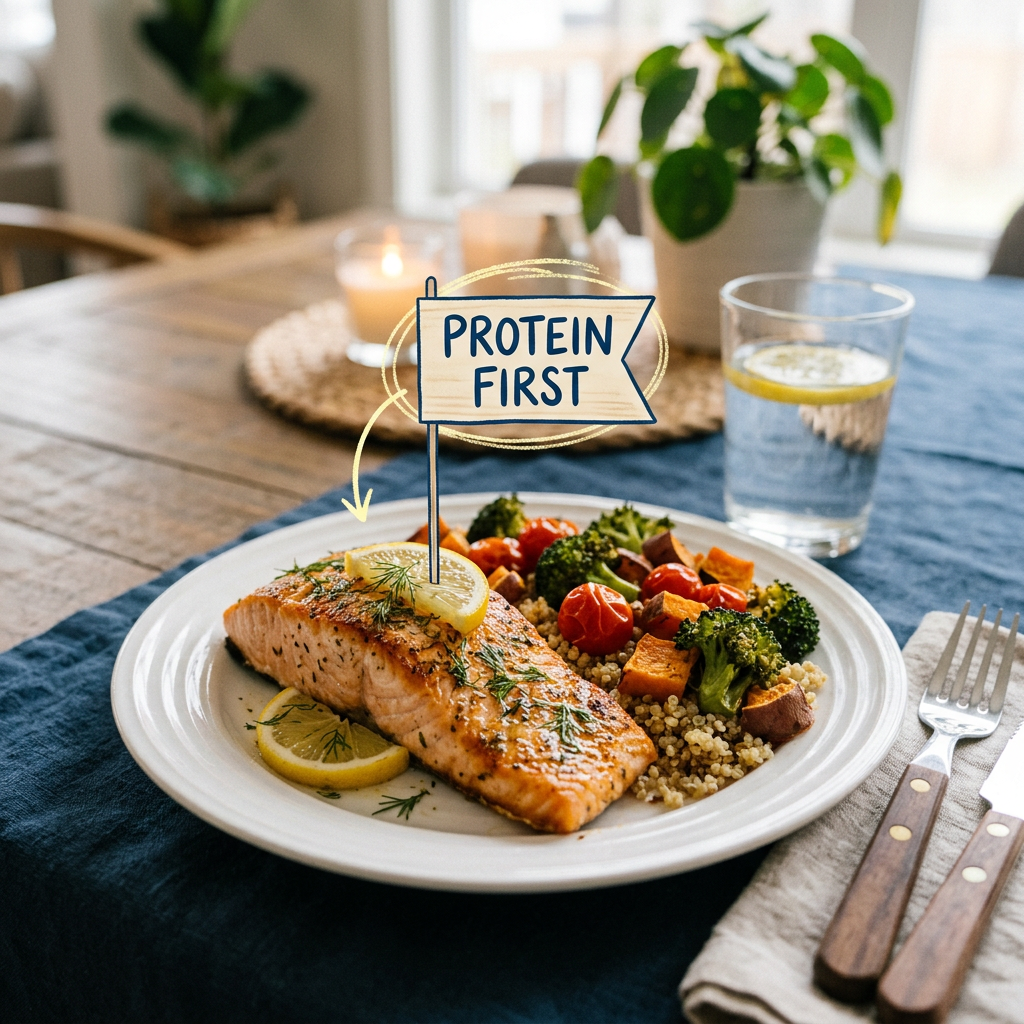 Grilled salmon with lemon slices, broccoli, cherry tomatoes, sweet potatoes, and quinoa on a white plate
