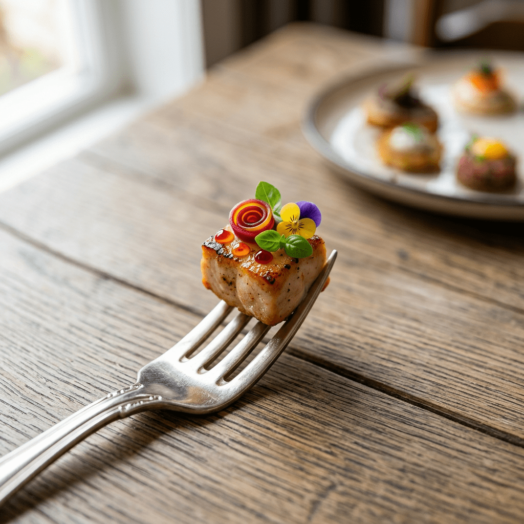 Only tiny colorful chicken bite on fork