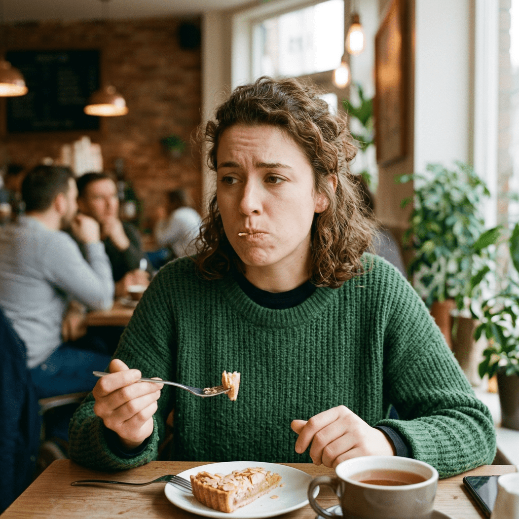 Person chewing small bite thoughtfully